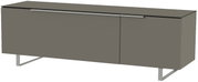 Modernes TV-Lowboard in grauer Farbe mit Metallbeinen, seitliche Perspektive
