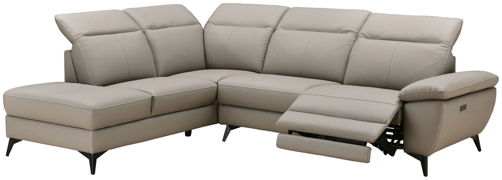 Eckgarnitur in hellgrauem Leder mit linker Ecke und rechtem Zweisitzer, Perspektive von vorne rechts