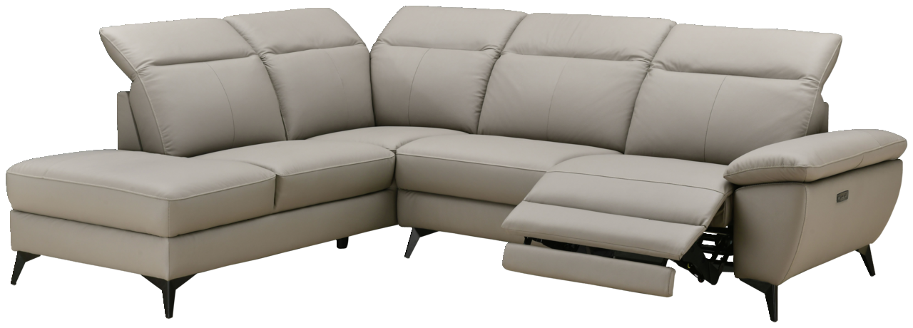 Eckgarnitur in hellgrauem Leder mit linker Ecke und rechtem Zweisitzer, Perspektive von vorne rechts