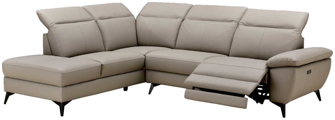 Eckgarnitur in hellgrauem Leder mit linker Ecke und rechtem Zweisitzer, Perspektive von vorne rechts