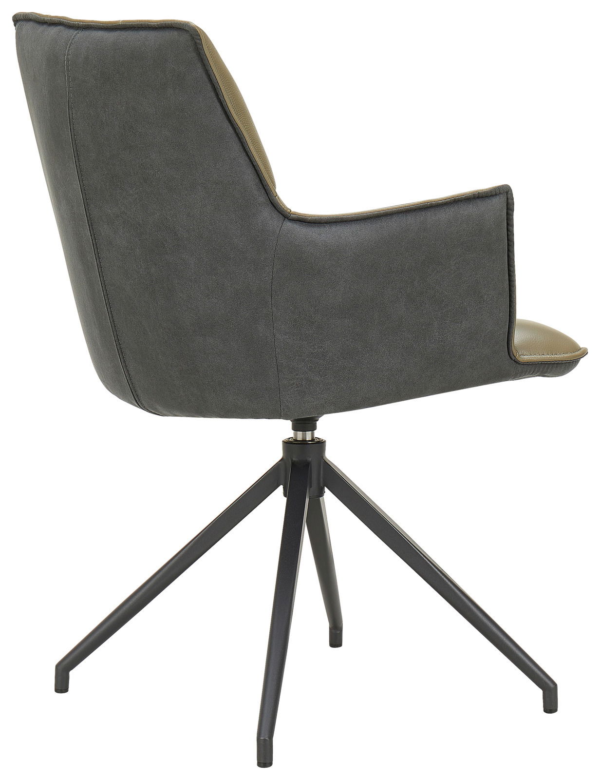 Rückansicht eines modernen Sessels mit schwarzem Metallgestell und grauem Polster.