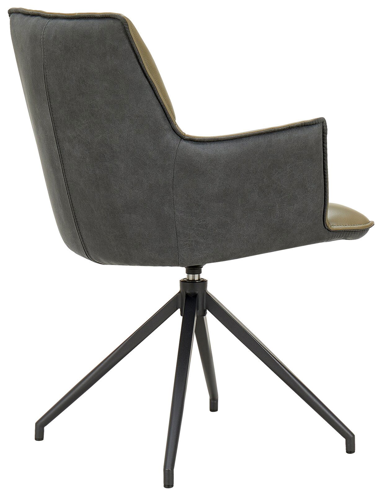 Rückansicht eines modernen Sessels mit schwarzem Metallgestell und grauem Polster.