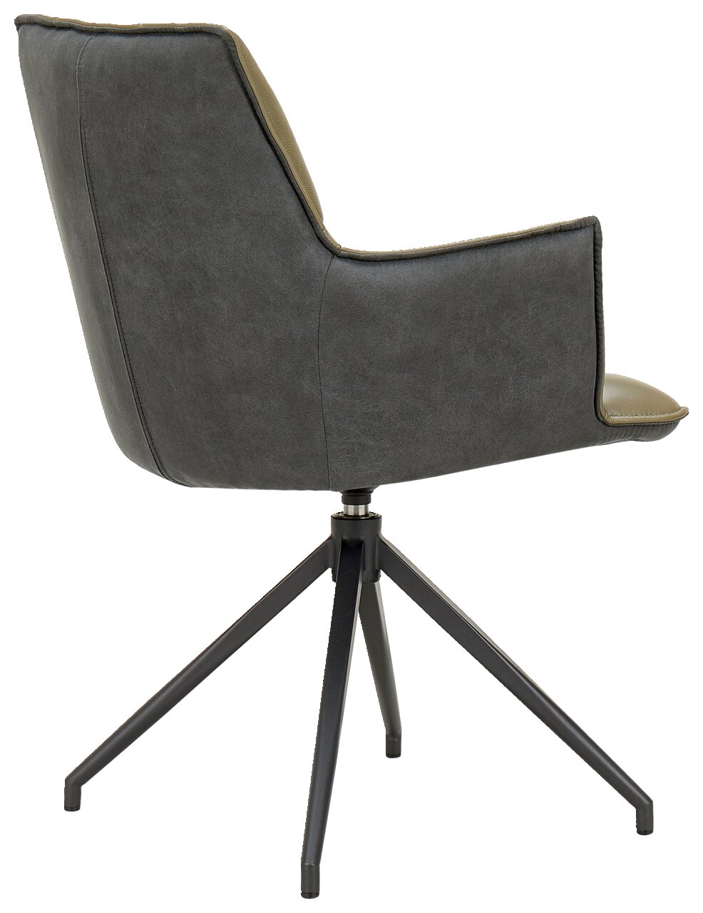 Rückansicht eines modernen Sessels mit schwarzem Metallgestell und grauem Polster.