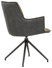 Rückansicht eines modernen Sessels mit schwarzem Metallgestell und grauem Polster.