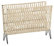 Zeitungsständer aus geflochtenem Material mit schwarzem Metallgestell, seitliche Perspektive