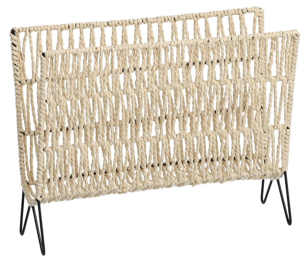 Zeitungsständer aus geflochtenem Material mit schwarzem Metallgestell, seitliche Perspektive