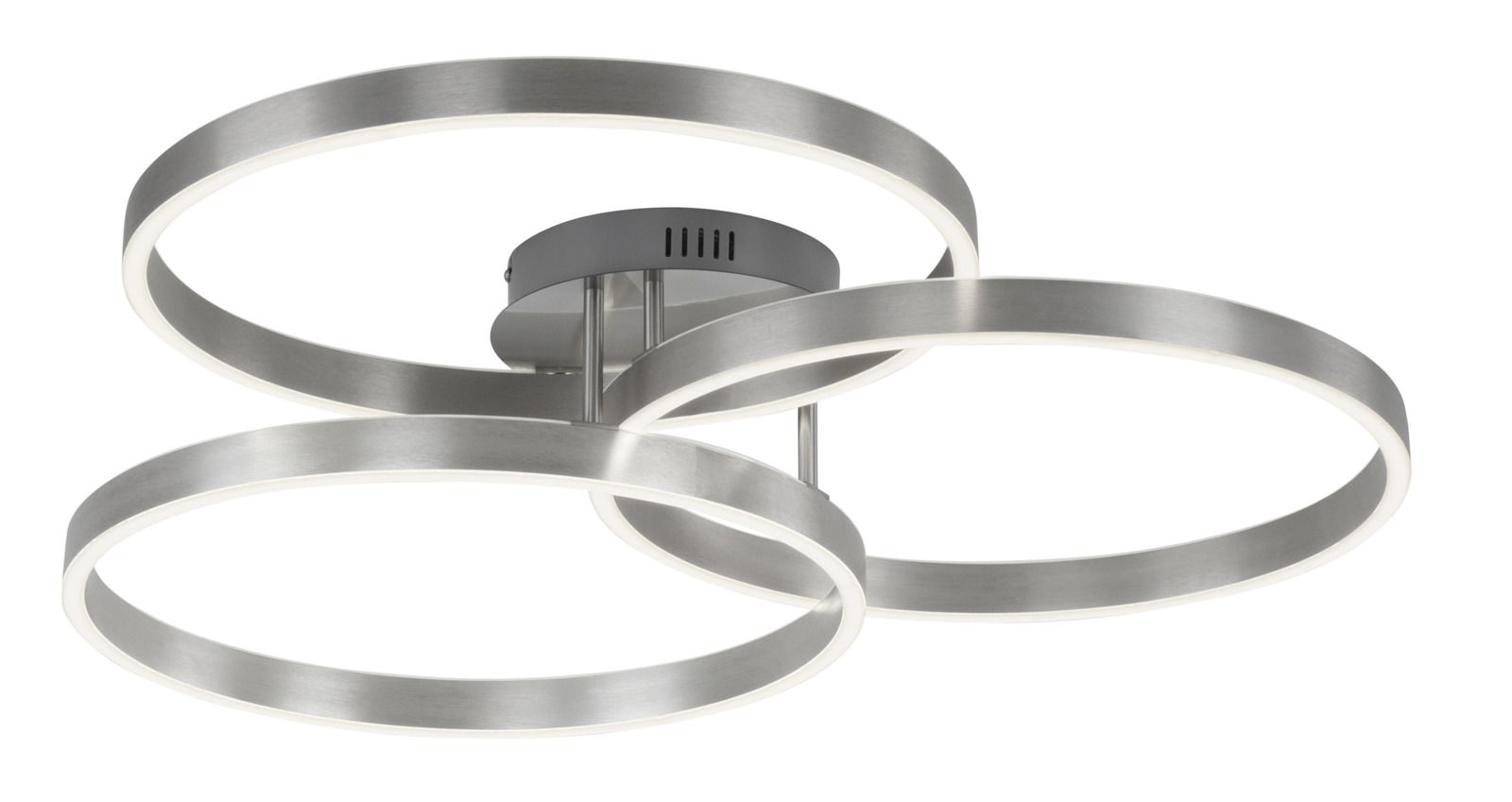 Paul Neuhaus Deckenleuchte, Stahl Moderne Deckenleuchte aus Stahl mit drei ineinander verschlungenen Ringen, seitliche Perspektive