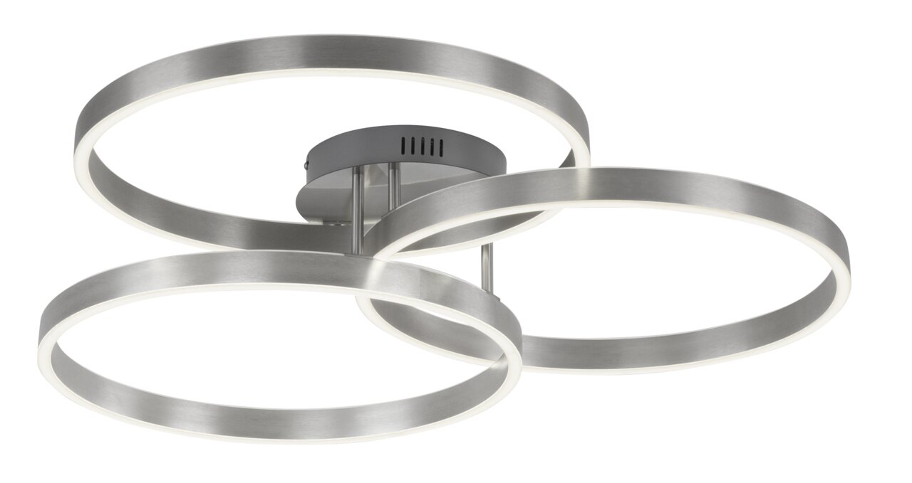 Moderne Deckenleuchte aus Stahl mit drei ineinander verschlungenen Ringen, seitliche Perspektive
