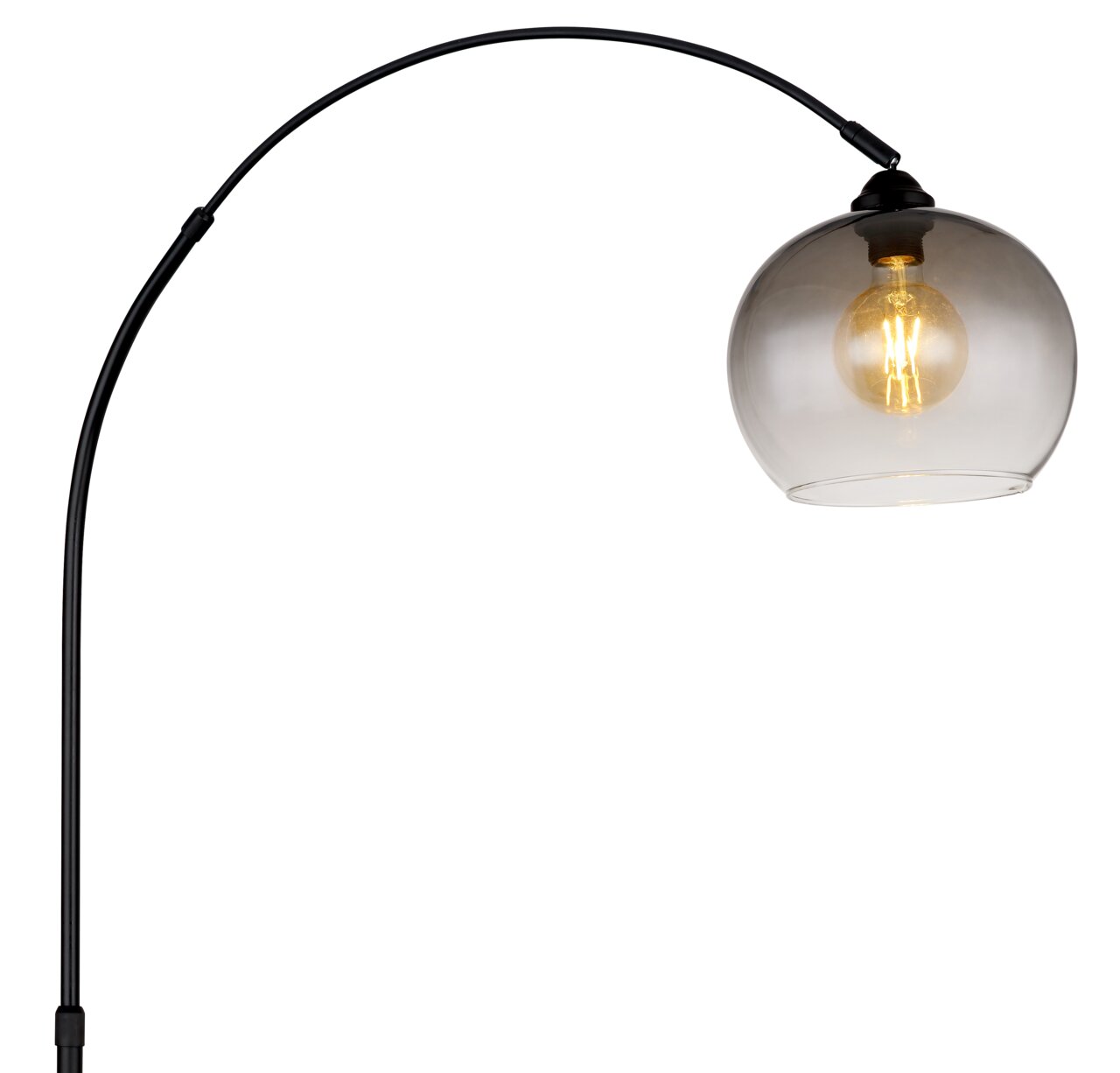 Stehleuchte NEWCASTLE mit gebogenem schwarzen Ständer und transparentem kugelförmigem Lampenschirm, seitliche Perspektive