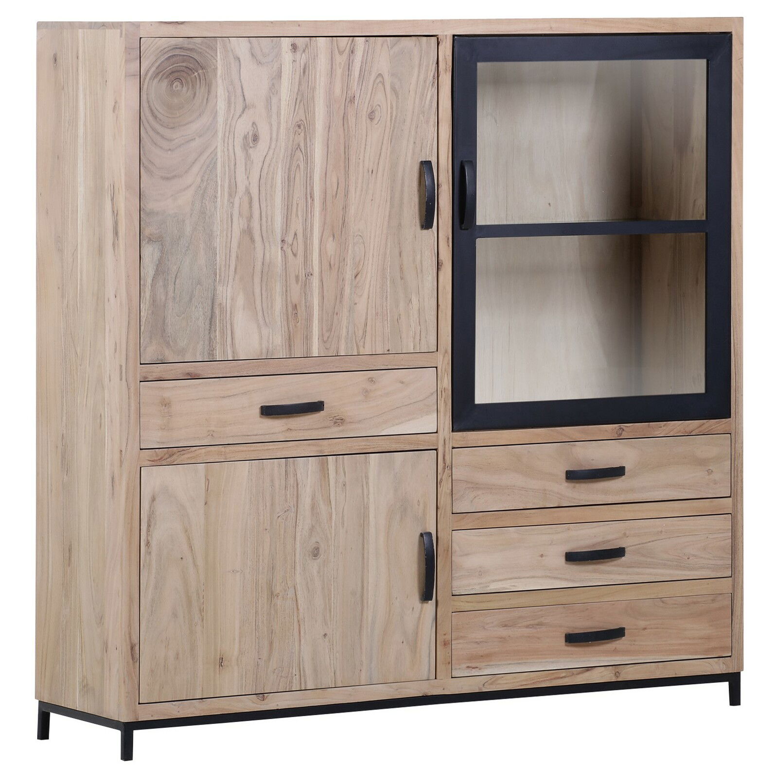 Hochwertiges Highboard aus Holz mit Glasvitrine und mehreren Schubladen, frontale Ansicht