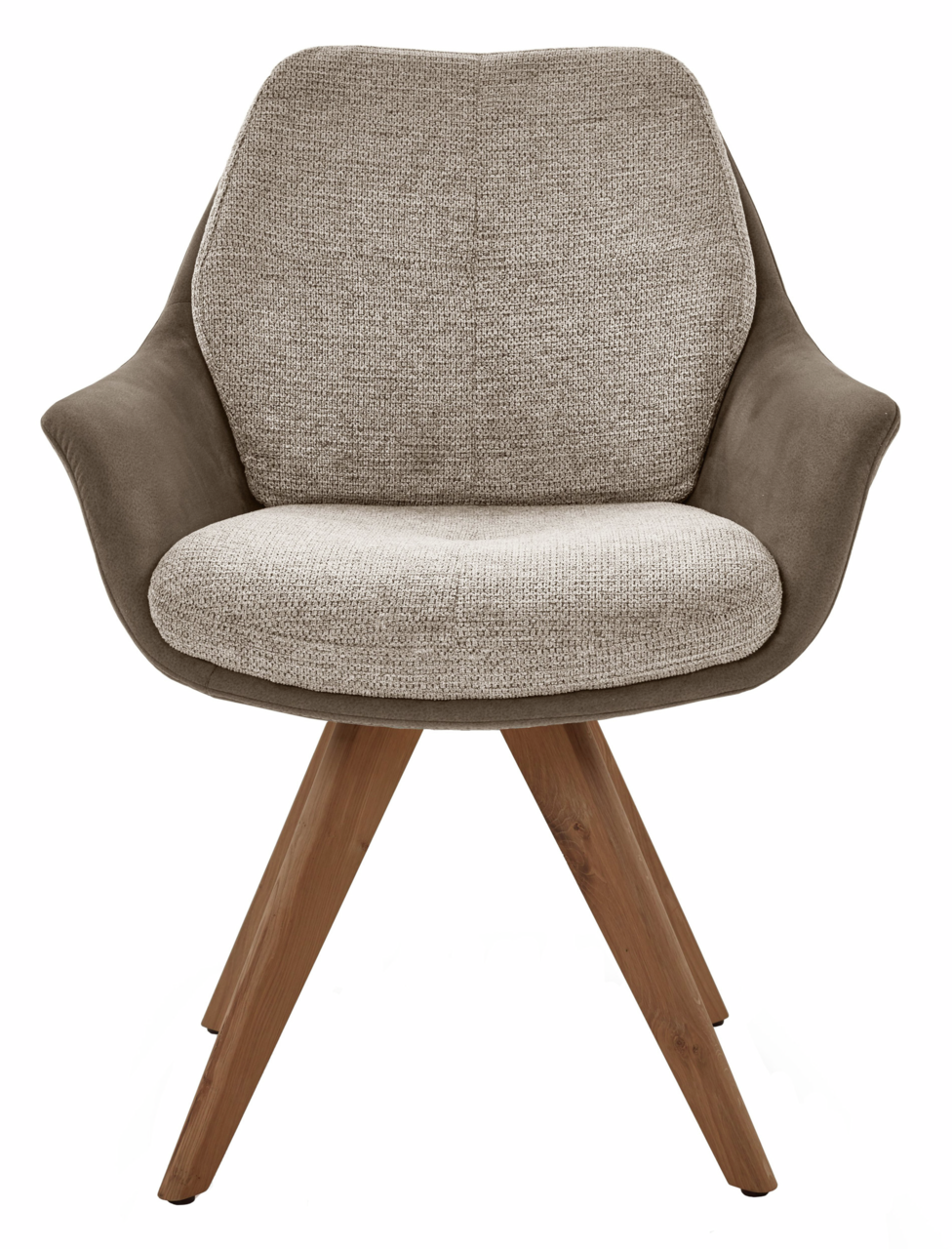 Moderner Armlehnstuhl mit beigem Stoffbezug und braunen Holzbeinen, Frontalansicht