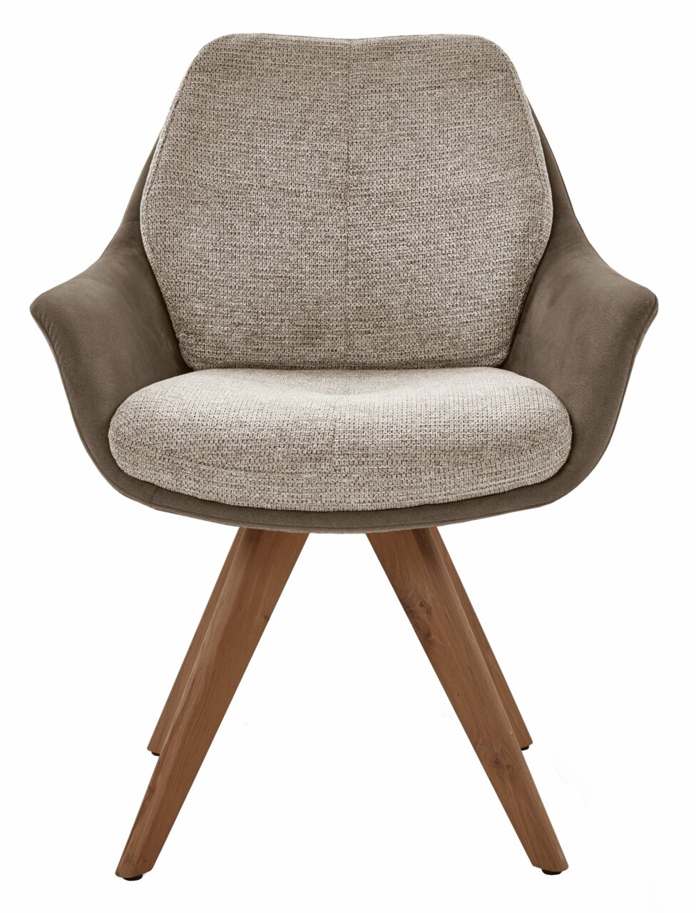Moderner Armlehnstuhl mit beigem Stoffbezug und braunen Holzbeinen, Frontalansicht