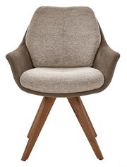 Moderner Armlehnstuhl mit beigem Stoffbezug und braunen Holzbeinen, Frontalansicht