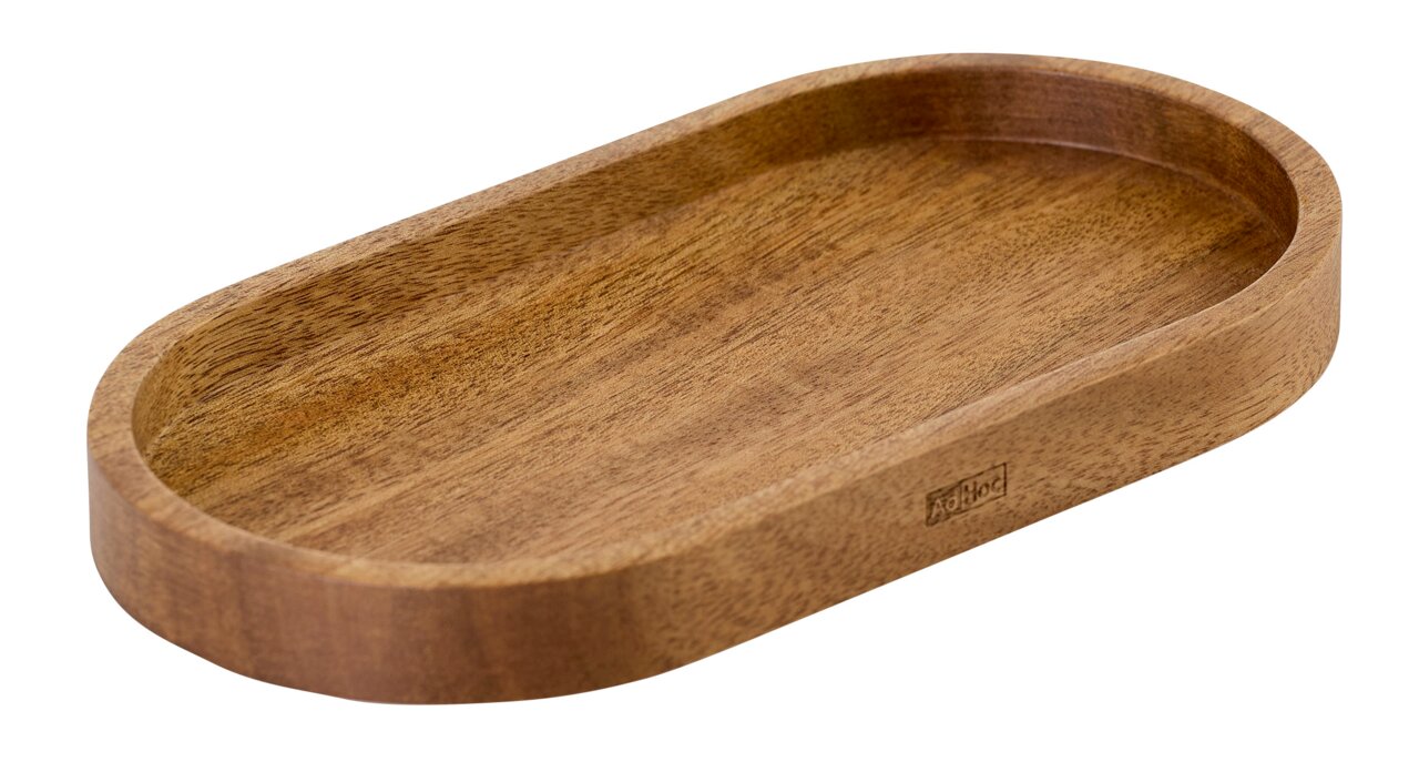 Rechteckiger Untersetzer aus Akazienholz mit abgerundeten Ecken, seitliche Perspektive
