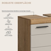 Detailansicht eines Sideboards/Kommode in Holzoptik mit melaminharzbeschichteter, robuster Oberfläche; sichtbare kratzfeste, stoßfeste, wasserabweisende und leicht zu reinigende Eigenschaften, Perspektive: schräg von vorne oben auf die rechte Ecke mit Sch