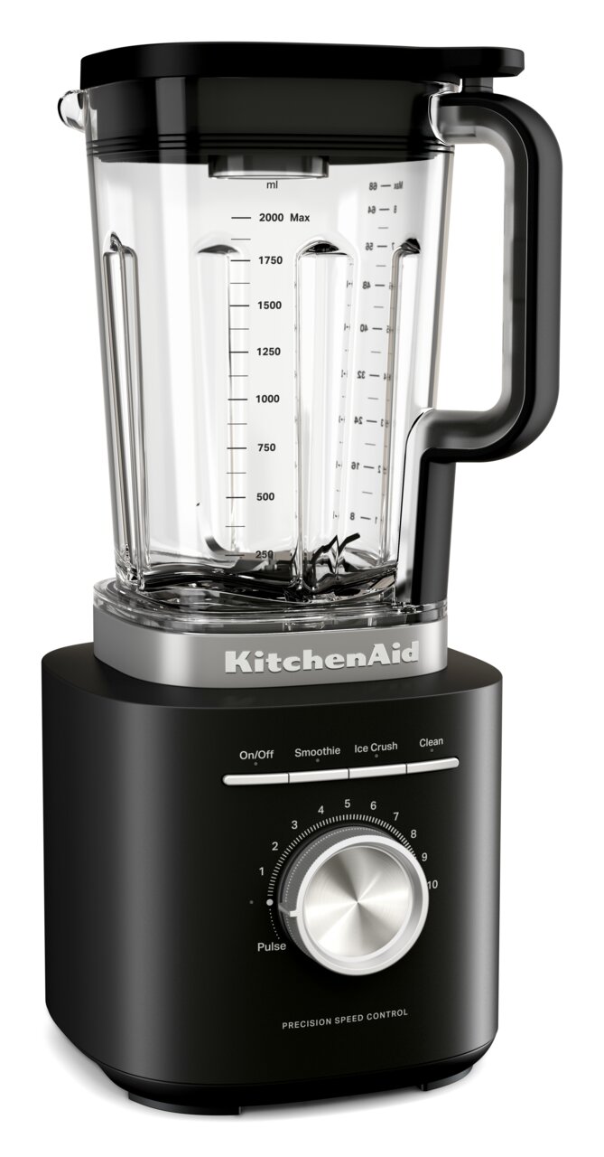 Standmixer in mattem Schwarz mit 2,1-Liter-Behälter, seitliche Perspektive