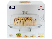 Produktverpackung einer transparenten Glas-Kuchenplatte mit Fuß und Glasglocke (Borgonovo, 6-in-1, Palladio), Frontansicht leicht von oben; abgebildet mit dekoriertem Kuchen unter der Haube
