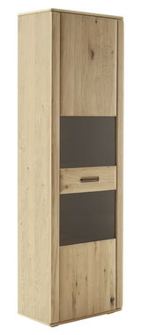 Vitrine aus hellem Holz mit dunklen Glaseinsätzen, seitliche Perspektive