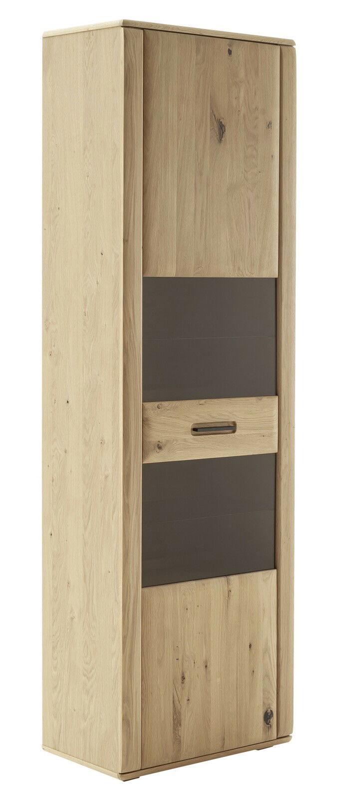 Vitrine aus hellem Holz mit dunklen Glaseinsätzen, seitliche Perspektive