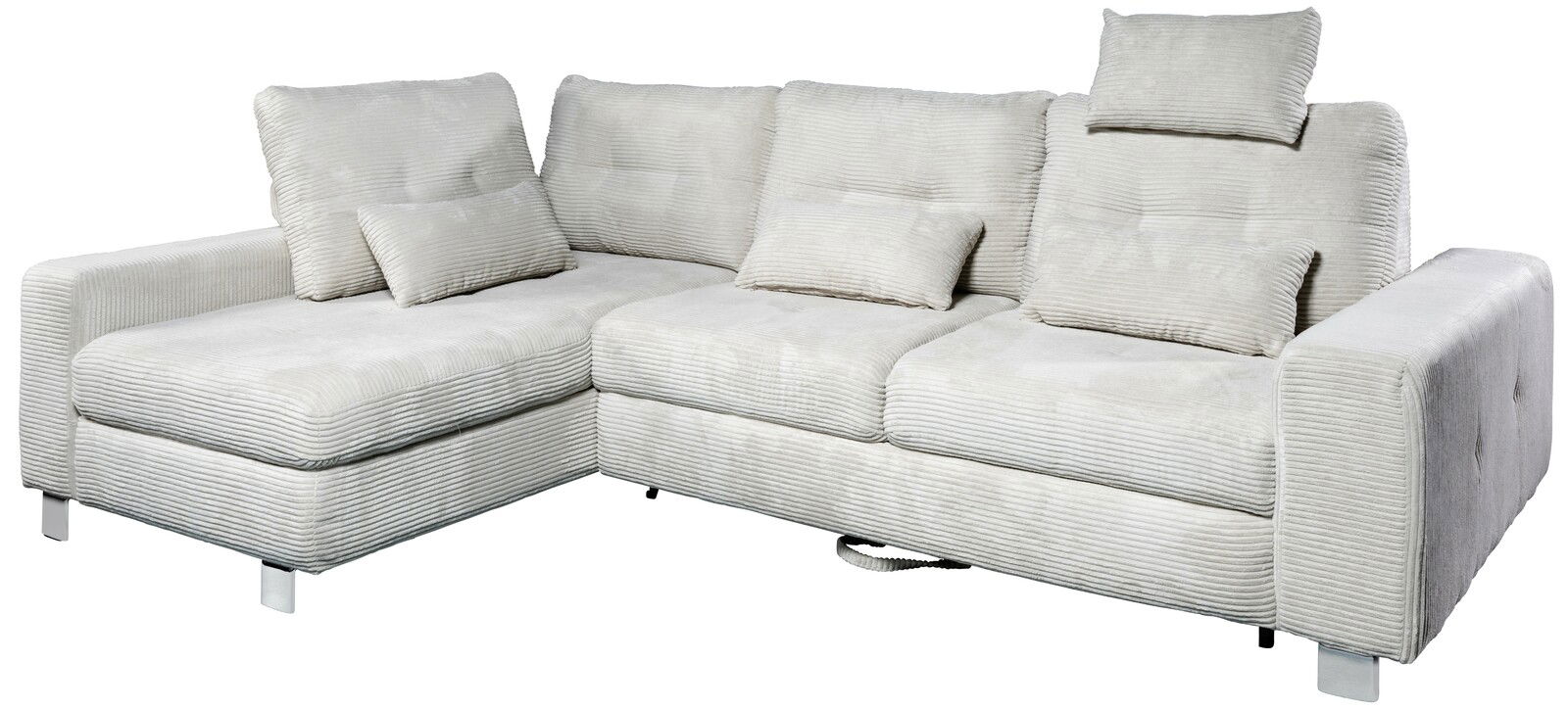 Großes, hellgraues Ecksofa mit weichem Stoffbezug und mehreren Kissen, seitliche Perspektive