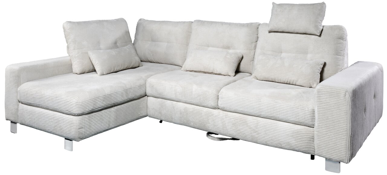 StepOne Ecksofa ALBA Großes, hellgraues Ecksofa mit weichem Stoffbezug und mehreren Kissen, seitliche Perspektive