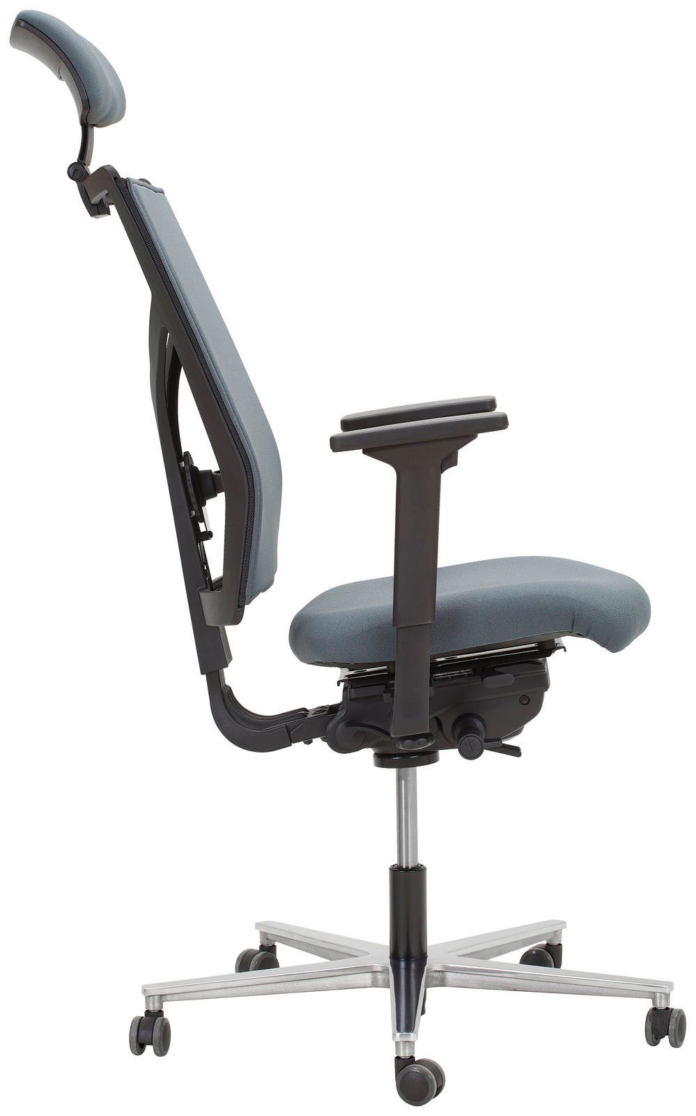 Seitenansicht eines modernen Drehstuhls mit Armlehnen und Kopfstütze, Modell Dieter Knoll Drehstuhl NUOVO.