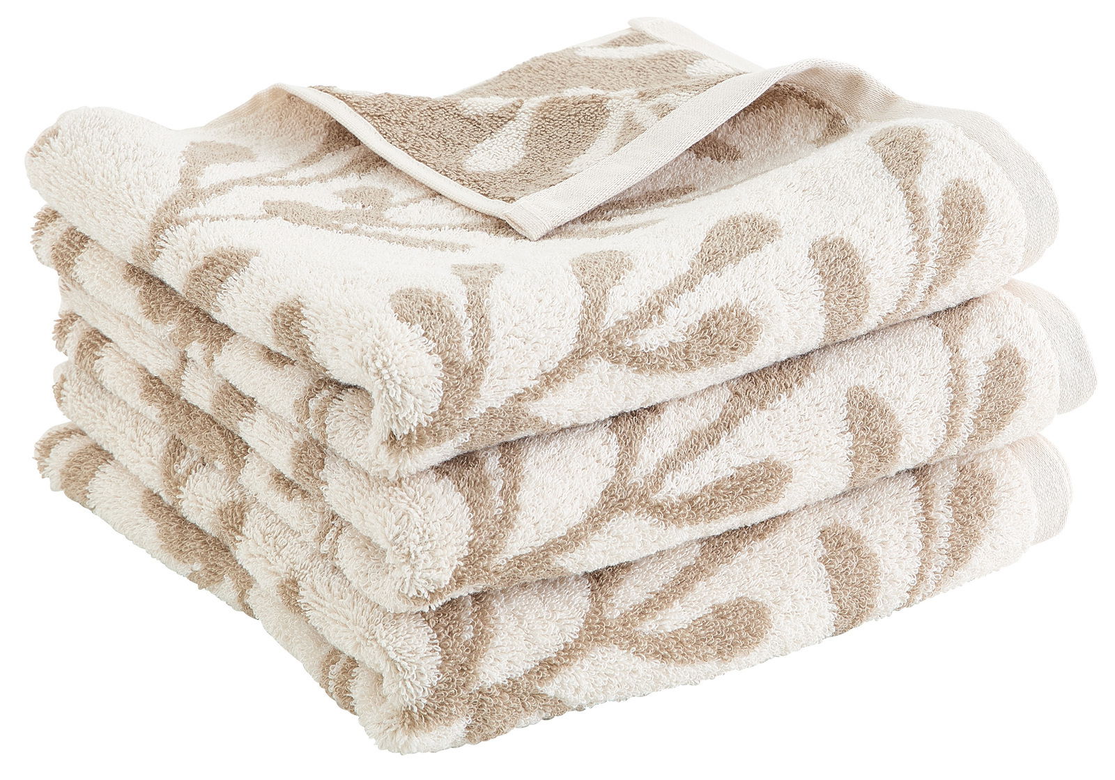 Gestapeltes Handtuchset mit Blattmuster in Beige und Weiß, seitliche Perspektive