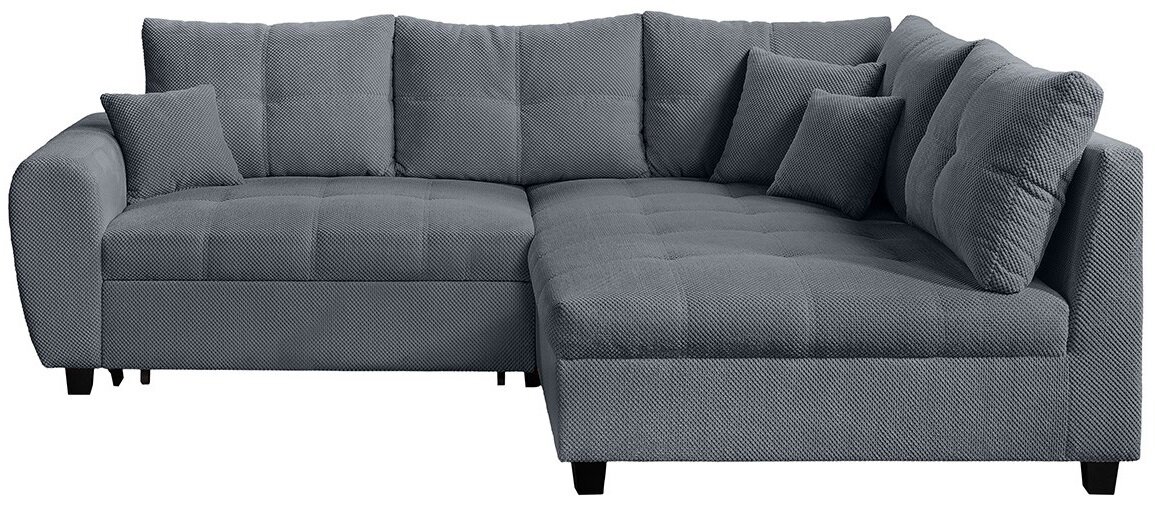 Graues Ecksofa mit mehreren Kissen, Perspektive von vorne links