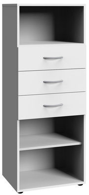 Weißes Regal mit drei Schubladen und offenen Fächern, Frontalansicht