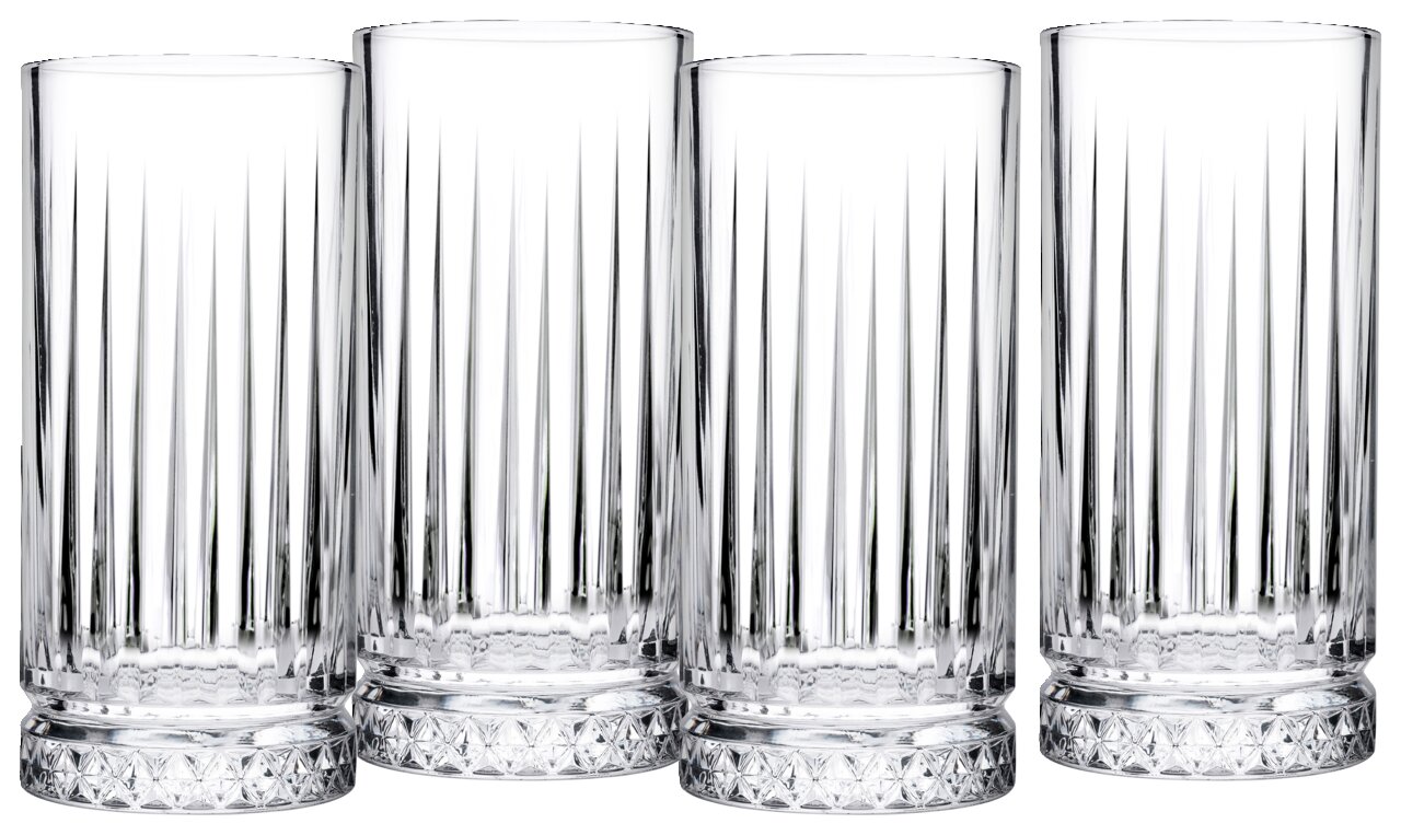Creatable Longdrinkbecher 4er-Set 45 cl ELYSIA Vier elegante Longdrinkgläser aus Kristallglas mit vertikalen Rillen und dekorativem Boden, frontal betrachtet.