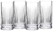 Vier elegante Longdrinkgläser aus Kristallglas mit vertikalen Rillen und dekorativem Boden, frontal betrachtet.
