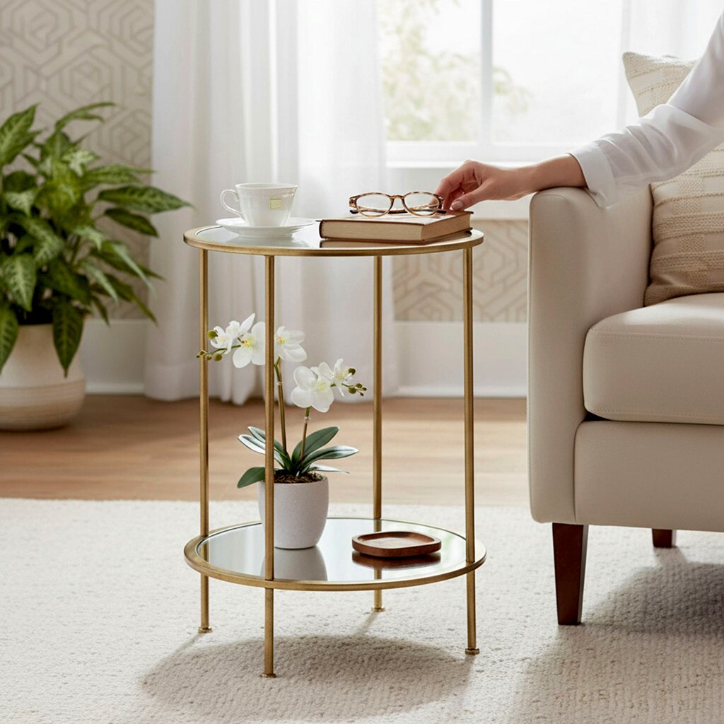 Runder zweistöckiger Beistelltisch mit goldfarbenem Metallrahmen und verspiegelten Glasablagen neben einem Sofa; Perspektive: seitliche Ansicht auf Augenhöhe.