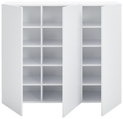 Weißer Hängeschuhschrank mit zwei geöffneten Türen, frontal betrachtet, zeigt mehrere Regalfächer zur Schuhaufbewahrung.