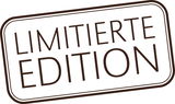 Limitierte Edition Stempel in brauner Schrift auf weißem Hintergrund, schräg von oben betrachtet.