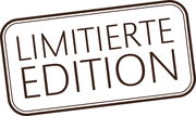 Limitierte Edition Stempel in brauner Schrift auf weißem Hintergrund, schräg von oben betrachtet.