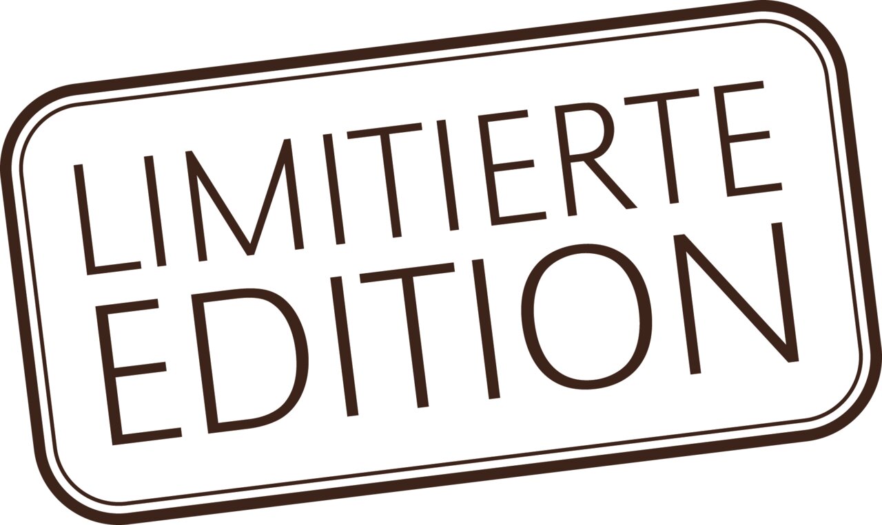 Limitierte Edition Stempel in brauner Schrift auf weißem Hintergrund, schräg von oben betrachtet.