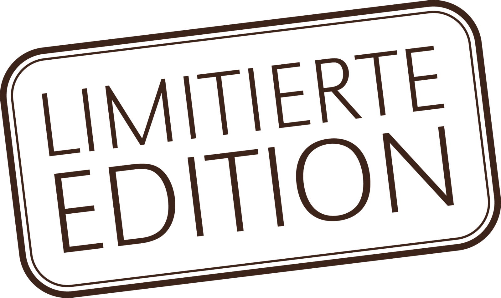 Limitierte Edition Stempel in brauner Schrift auf weißem Hintergrund, schräg von oben betrachtet.
