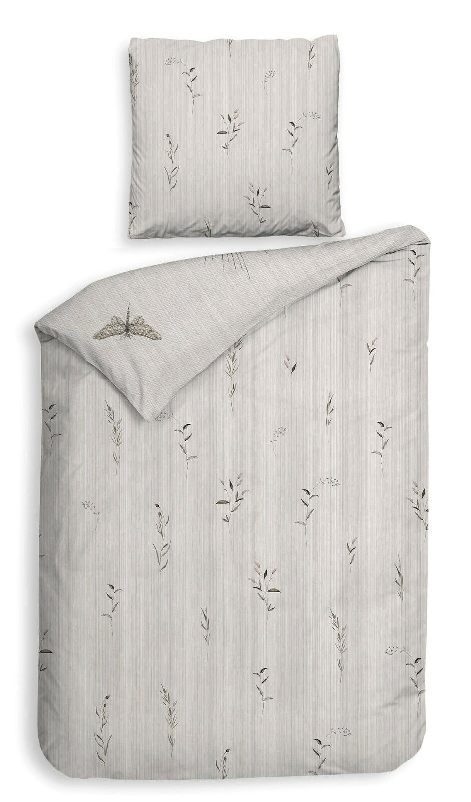 Bettwäsche-Set mit dezentem floralen Muster und Schmetterlingsmotiv, Draufsicht