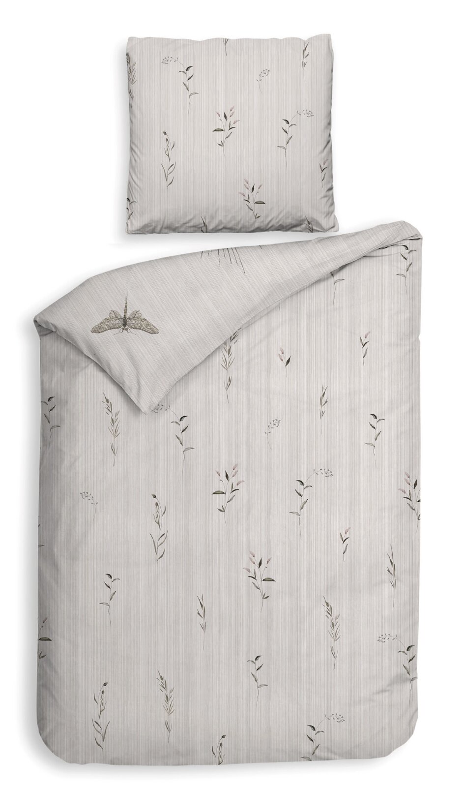 Bettwäsche-Set mit dezentem floralen Muster und Schmetterlingsmotiv, Draufsicht