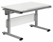 Moderner höhenverstellbarer Schreibtisch in seitlicher Perspektive mit weißer Tischplatte und grauem Gestell.