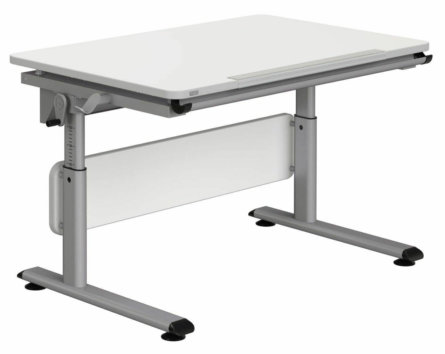 Moderner höhenverstellbarer Schreibtisch in seitlicher Perspektive mit weißer Tischplatte und grauem Gestell.