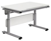 Moderner höhenverstellbarer Schreibtisch in seitlicher Perspektive mit weißer Tischplatte und grauem Gestell.