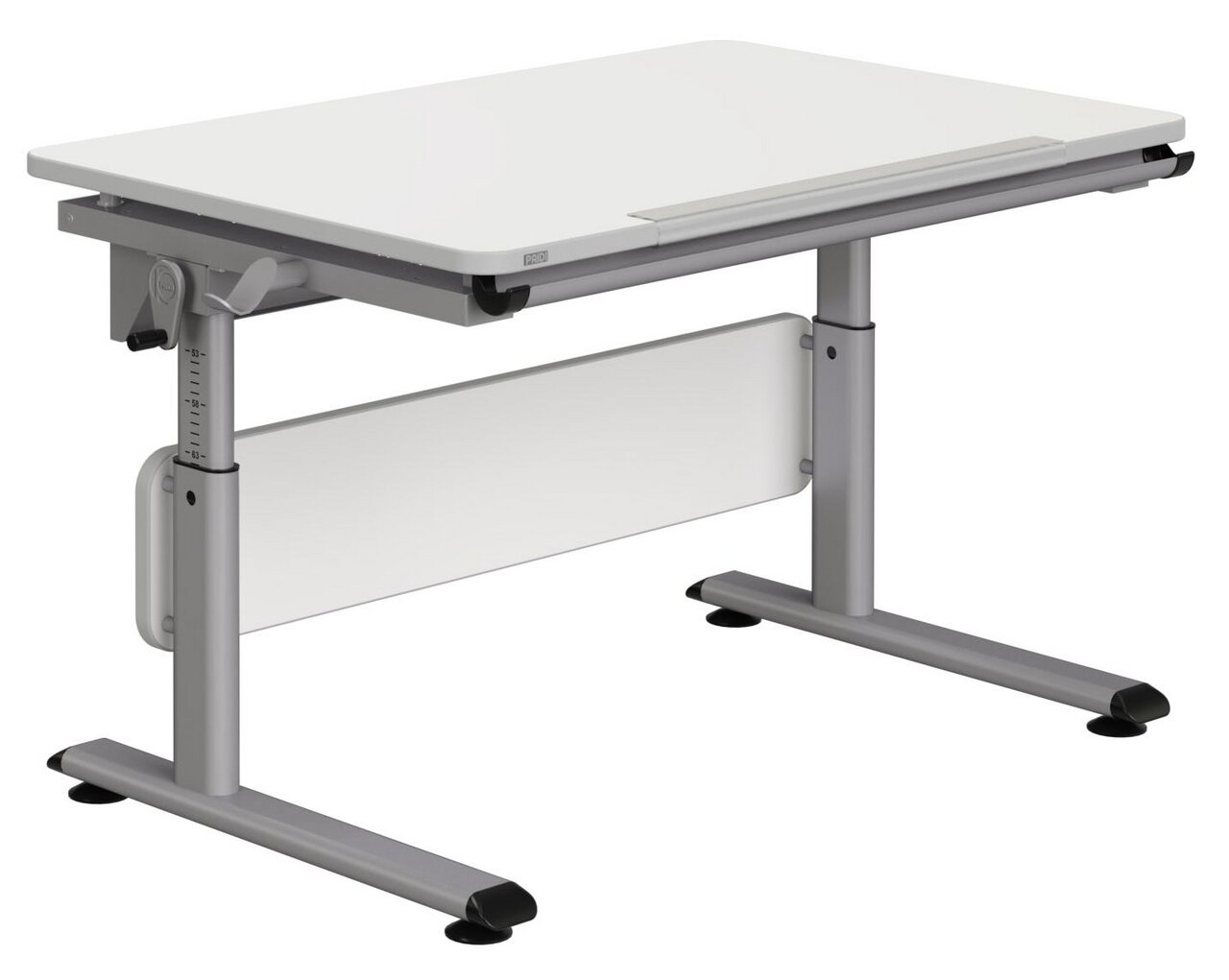 Paidi Bureau DIEGO Moderner höhenverstellbarer Schreibtisch in seitlicher Perspektive mit weißer Tischplatte und grauem Gestell.
