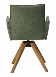Rückansicht eines grünen Armlehnstuhls mit Holzbeinen