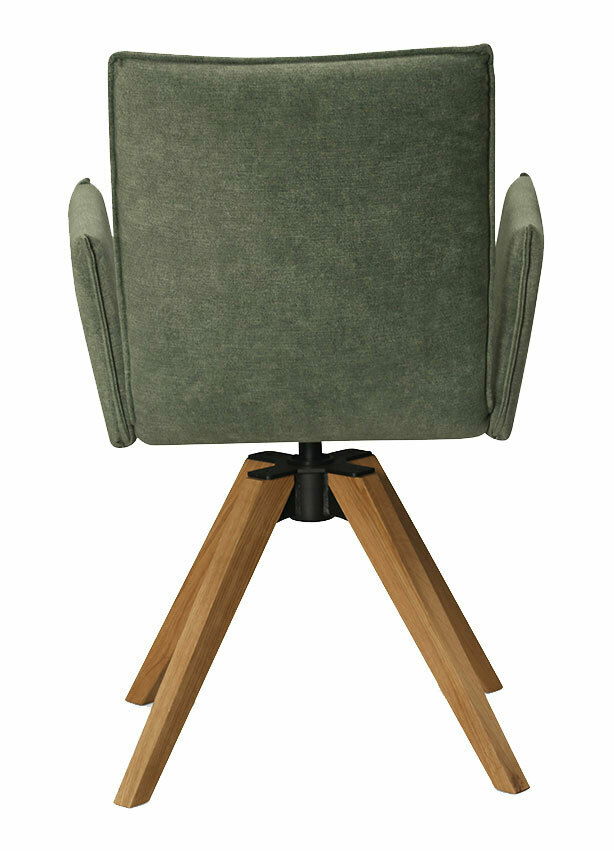Rückansicht eines grünen Armlehnstuhls mit Holzbeinen