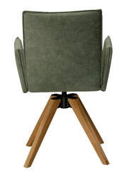 Rückansicht eines grünen Armlehnstuhls mit Holzbeinen