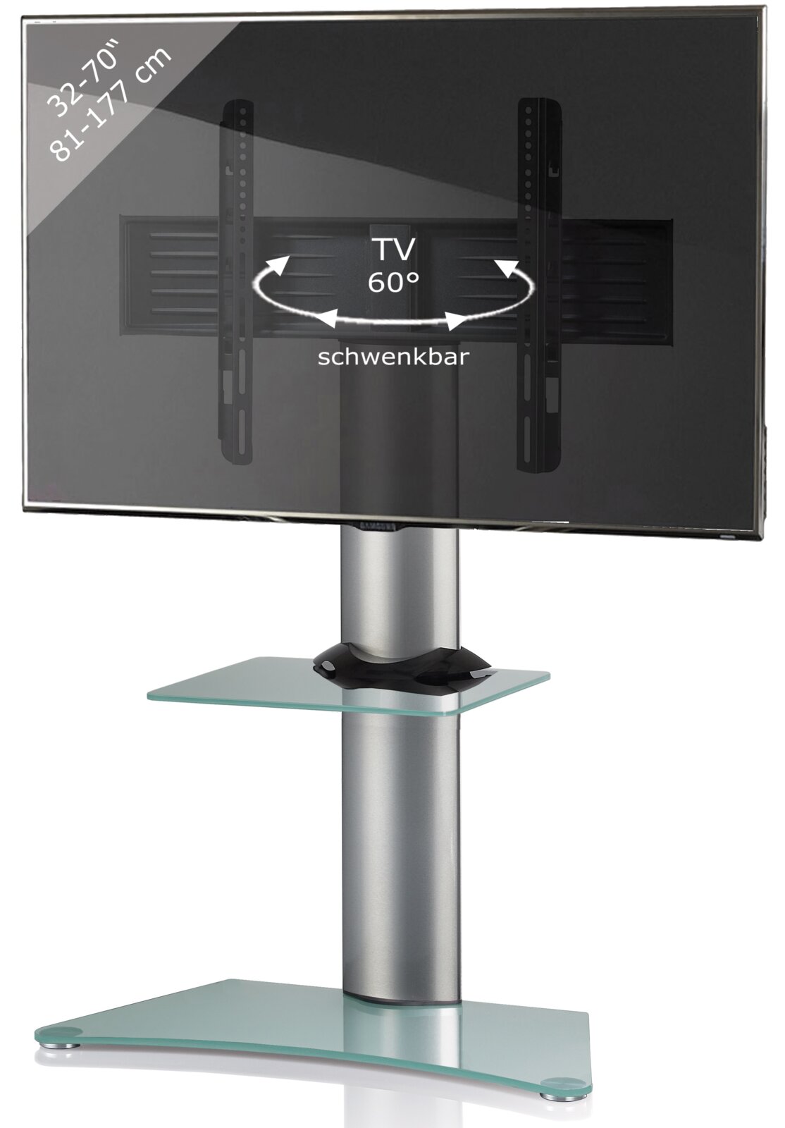 Schwenkbarer TV-Standfuß mit Glasböden und silberner Säule, TV-Halterung für 32–70 Zoll (81–177 cm) mit 60° Drehbereich, frontal aus leicht erhöhter Perspektive