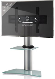Schwenkbarer TV-Standfuß mit Glasböden und silberner Säule, TV-Halterung für 32–70 Zoll (81–177 cm) mit 60° Drehbereich, frontal aus leicht erhöhter Perspektive