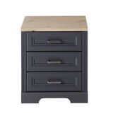 Rollcontainer mit drei Schubladen, graue Front und Holzoberfläche, Frontalansicht