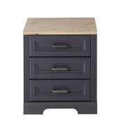 Rollcontainer mit drei Schubladen, graue Front und Holzoberfläche, Frontalansicht